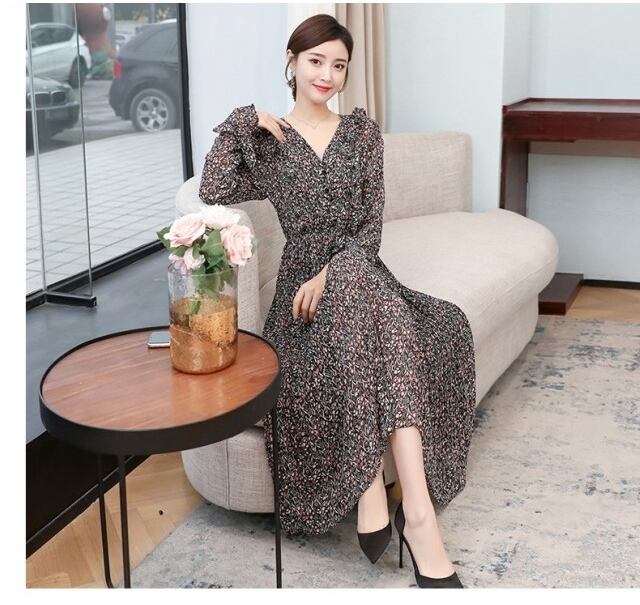 カシュクールワンピース 大きいサイズ 小花柄シフォンワンピース