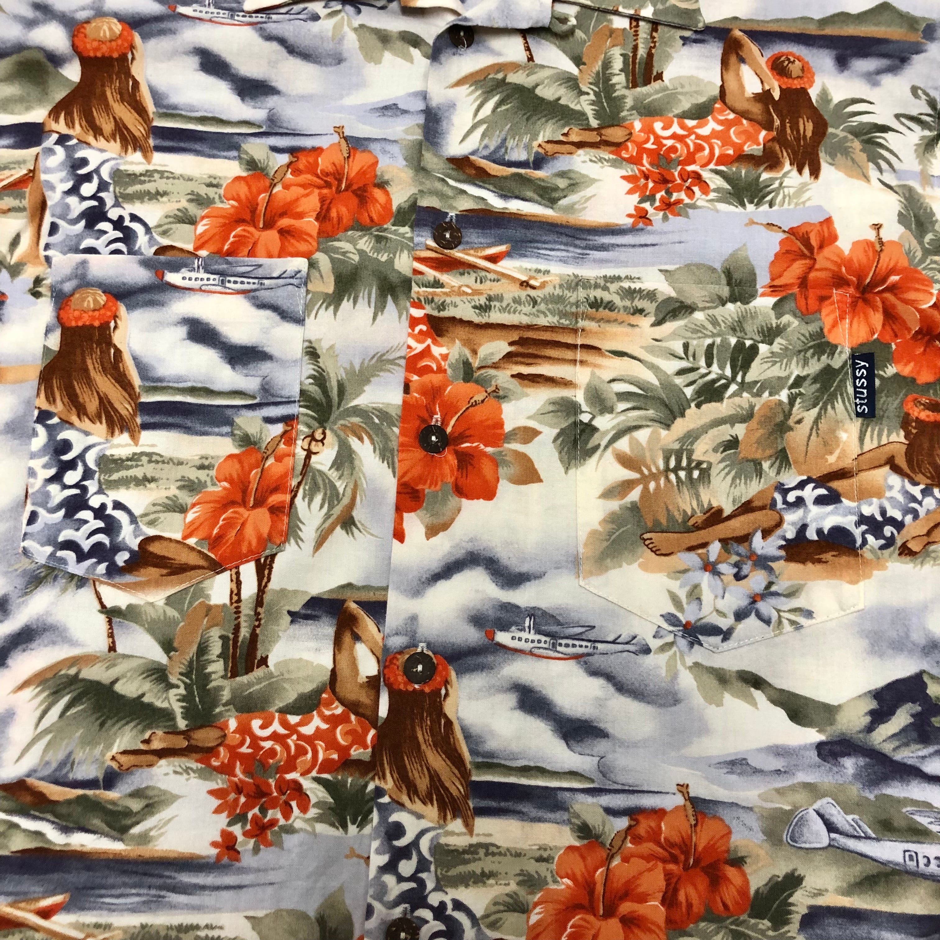 90s OLD STUSSY/ALOHA Shirt/USA製/紺タグ/M/アロハシャツ/総柄/開襟