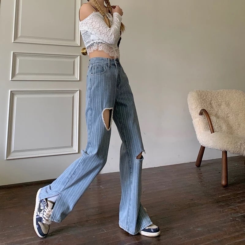 受注】Pearl Heart Damage Denim Pants (パールハートダメージデニム