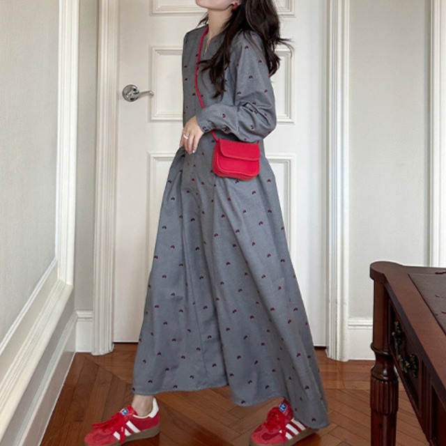 ribbon print front zip long one-piece　J00224