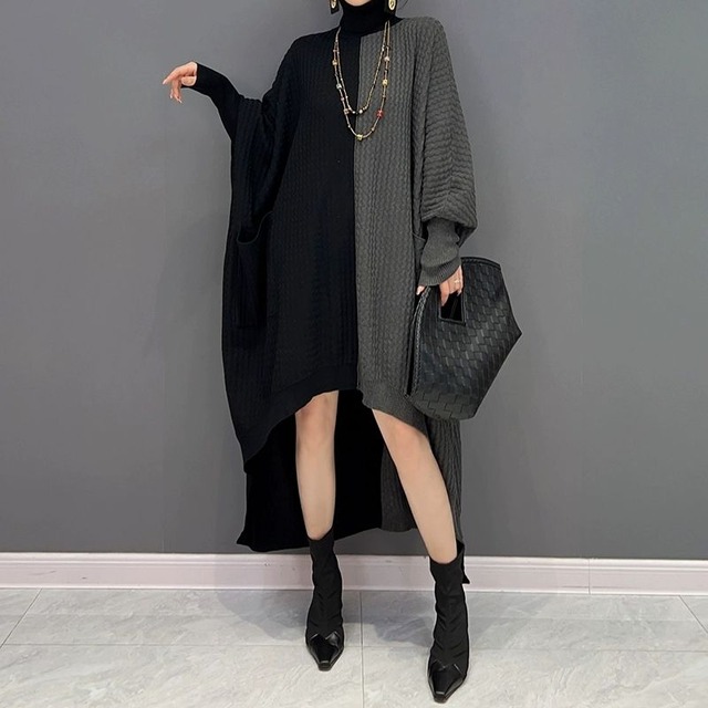 ASYMMETRIC KNIT DRESS WITH BATWING SLEEVES M-10675