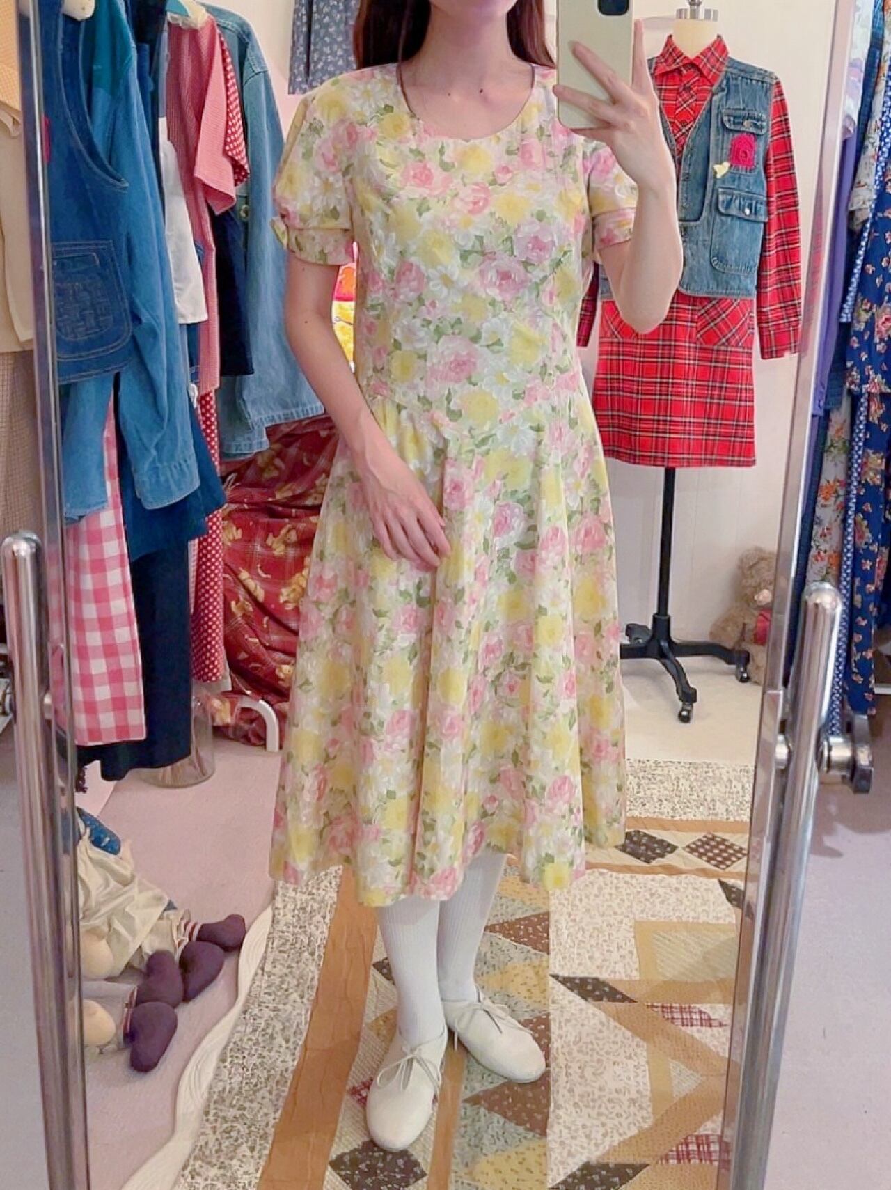yellow pink flower ribbon sleeve one-piece