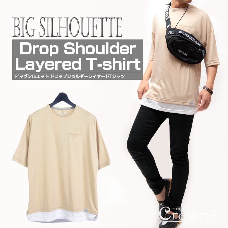 メンズ 裾フェイクレイヤード 無地 半袖 ビッグシルエット Tシャツ