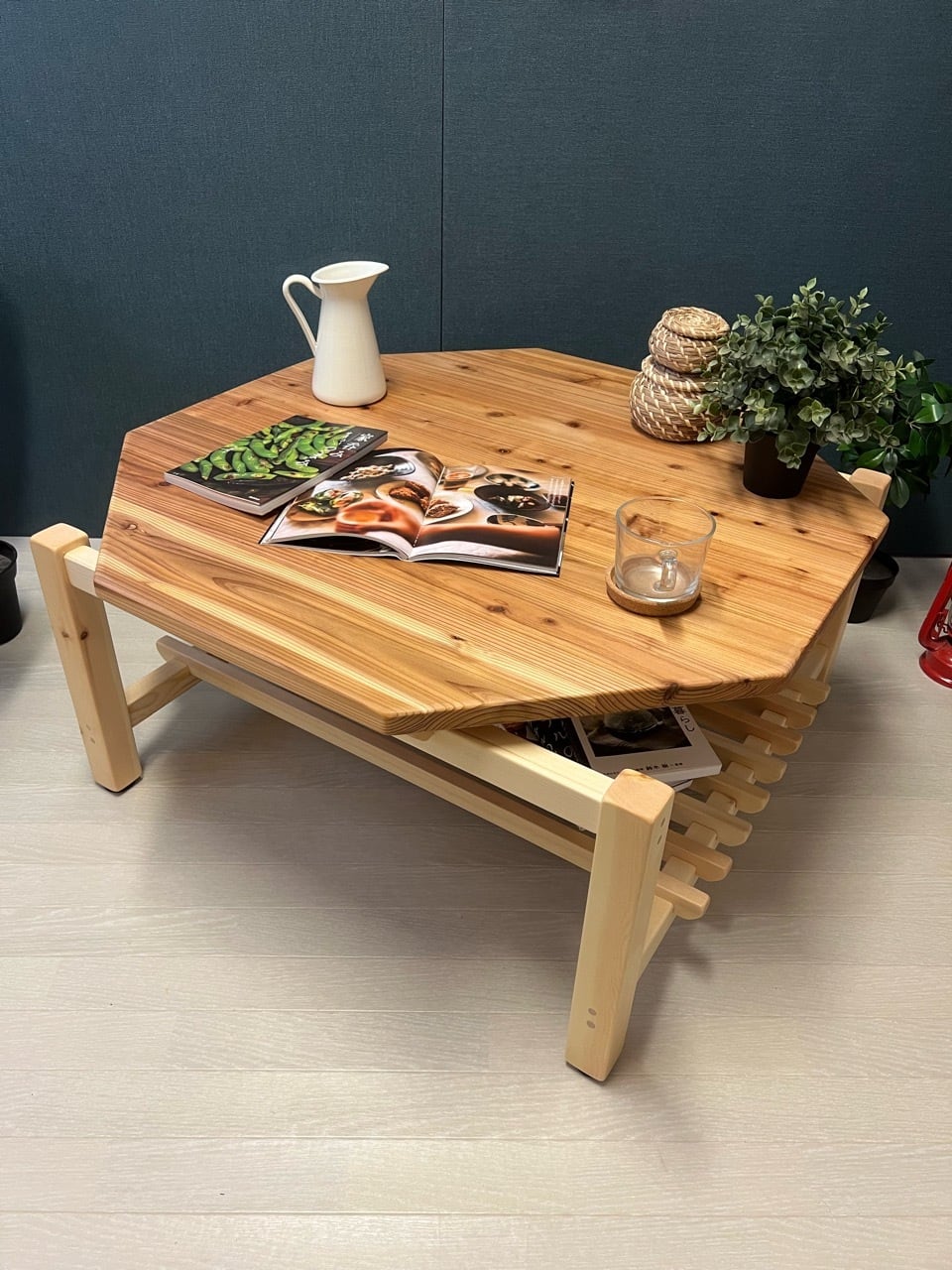 【送料無料】 ローテーブル 丸 木組やぐらベース 90cm 杉 格子棚付き 栄町工房