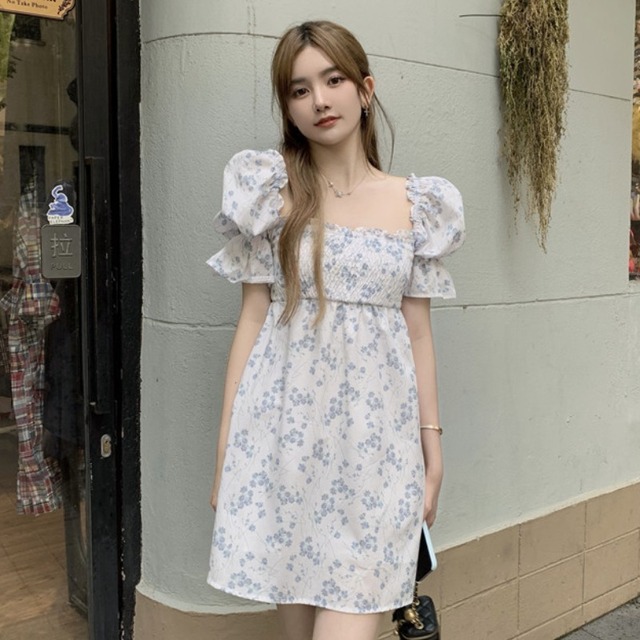 スリーブフローラルドレス サマーショートスカート 大人ガーリー スウィート キュート カジュアル 夏物 花柄 スクウェア YY-ファッション13714187226