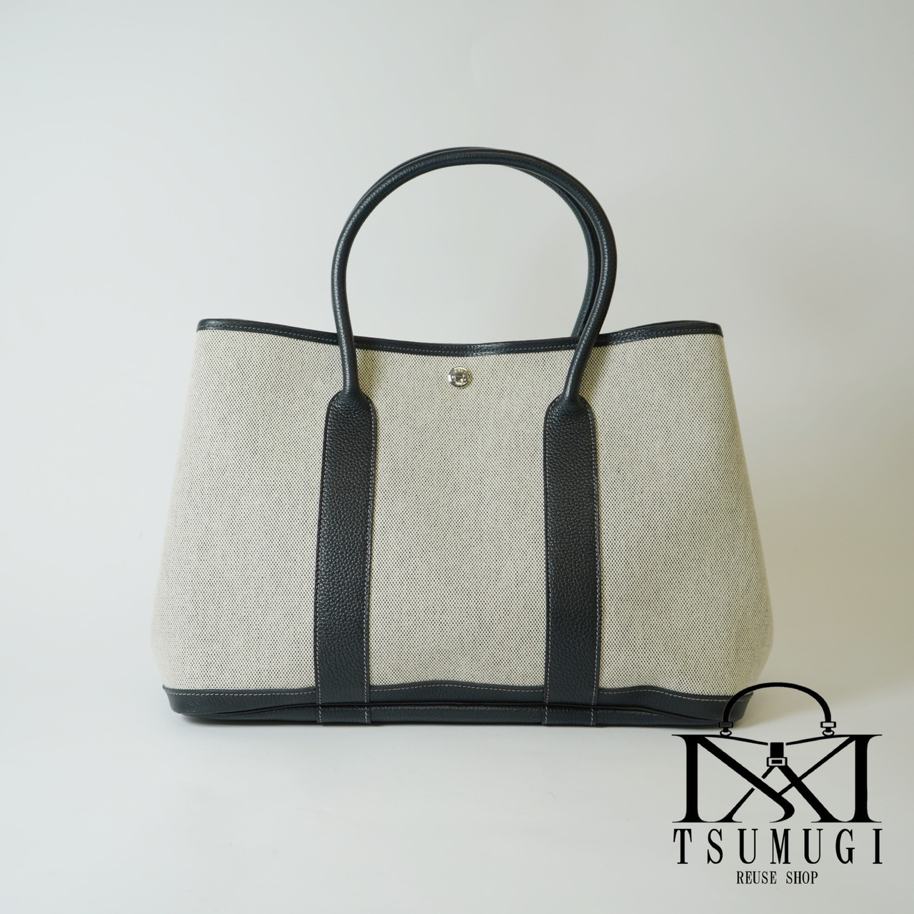 HERMES エルメス ガーデンパーティ 36 PM トワルアッシュ×レザー グレー×ブラック シルバー金具 ▢H(2004年) ハンドバッグ
