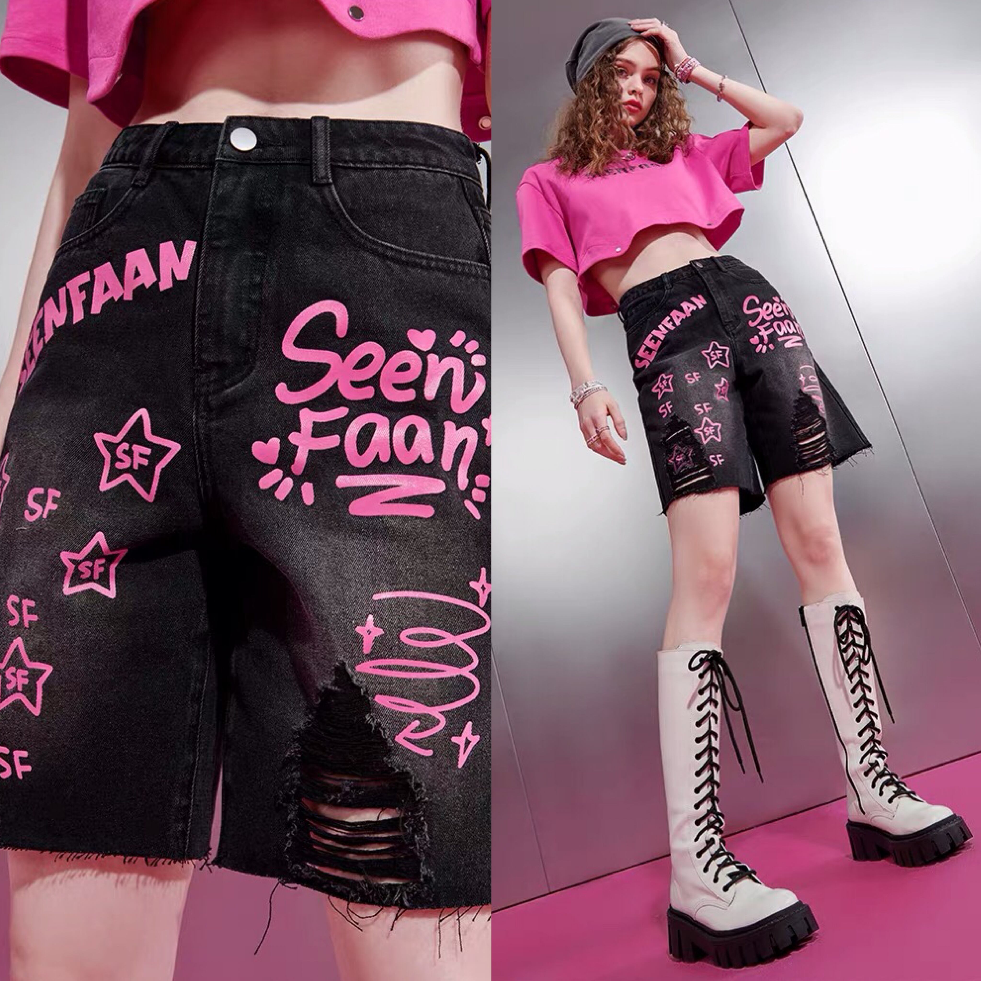 XLまで❣️】デニム ジーンズ ピンク ハーフパンツ 緑 ヒョウ柄