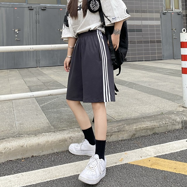 サマーショーツ レディースルーズカジュアルパンツ ストライプストレッチウェスト エラスティック 伸縮 夏物 ブルマー ケッペル48062963344