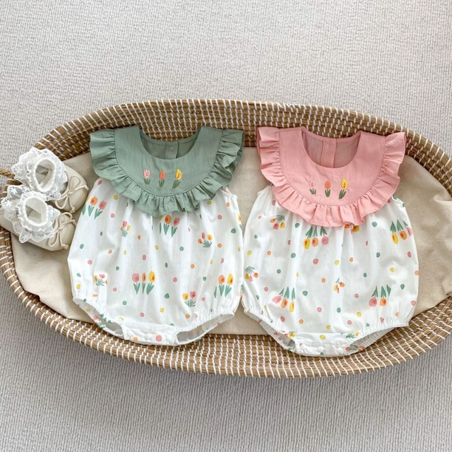 【BABY】フラワー刺繍フリルノースリーブボディスーツ - 1