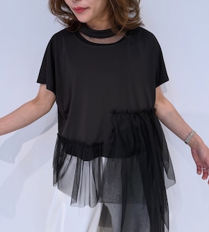 ポリーヌブロー   アシンメトリーチュールフリルTシャツ