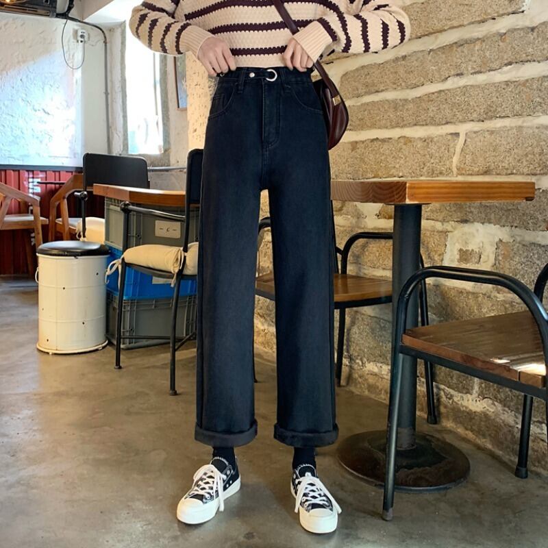 ジーンズ スプリングオータムハイウェストベルベットブラックロングパンツ 春物 秋物 YY-ファッション68772089047