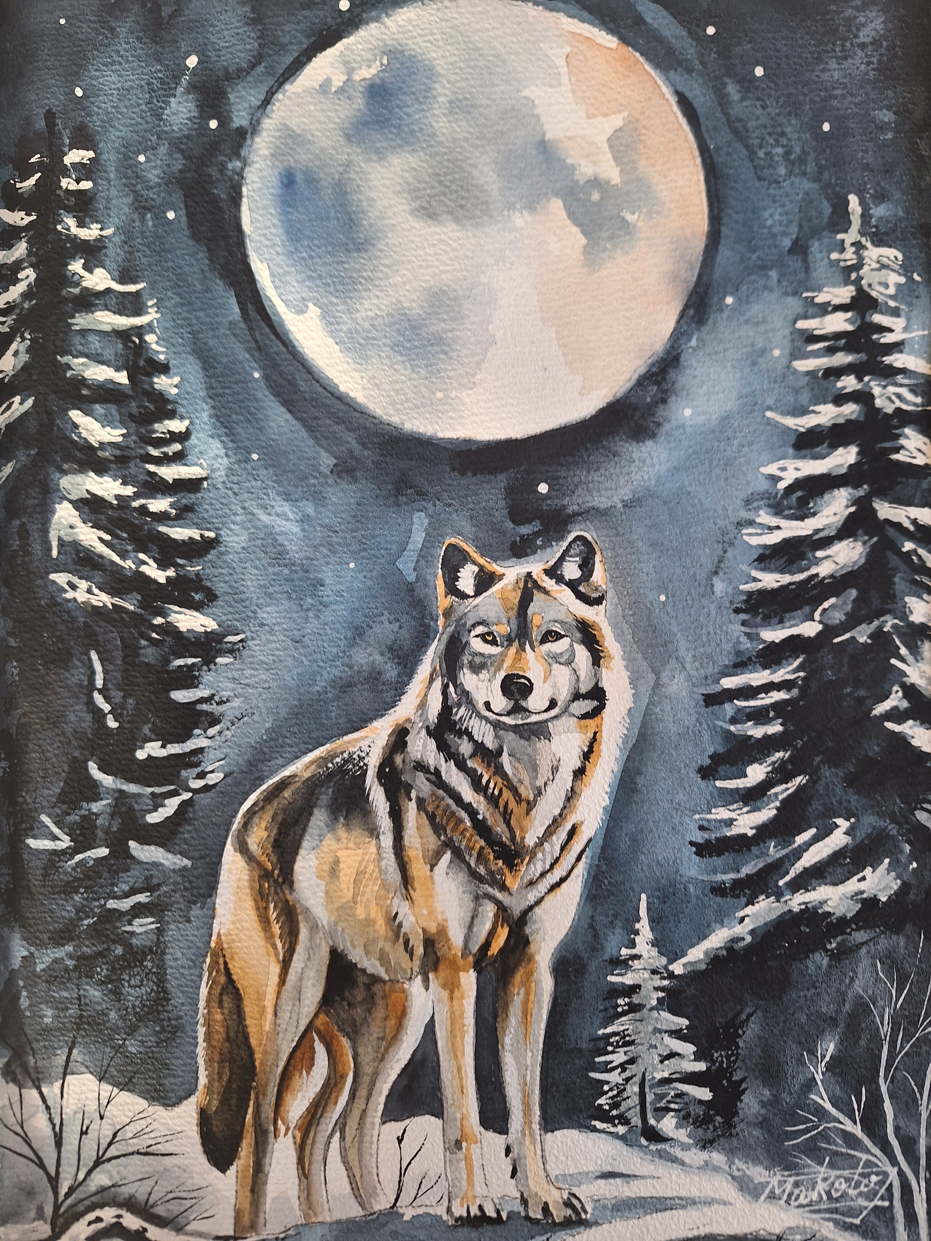 水彩画 原画 オオカミ 水彩画 満月のオオカミ | 工房 和み