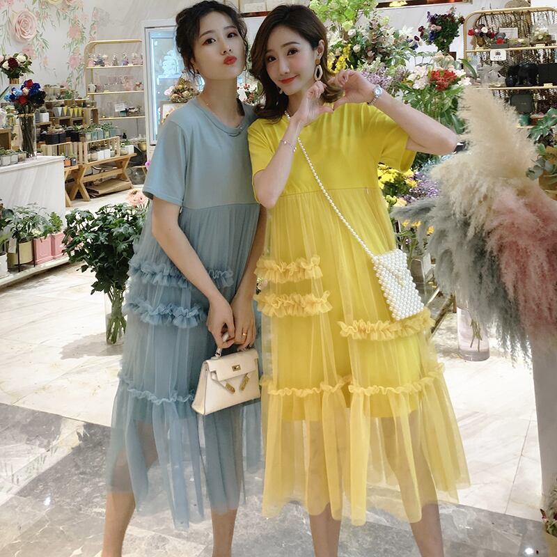 【新作】【送料無料】 半袖コットンパッチワークメッシュ妊婦授乳ガーゼドレスダブルレイヤーマタニティ母乳育児フリルドレスニース ショート ハーフスリーブ ラッフル AL expec372673686274