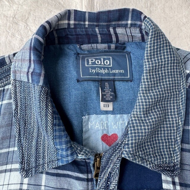 Polo Ralph Lauren ポロラルフローレン パッチワーク ボンバージャケット スイングトップ インディゴ 古着 XL 画像4