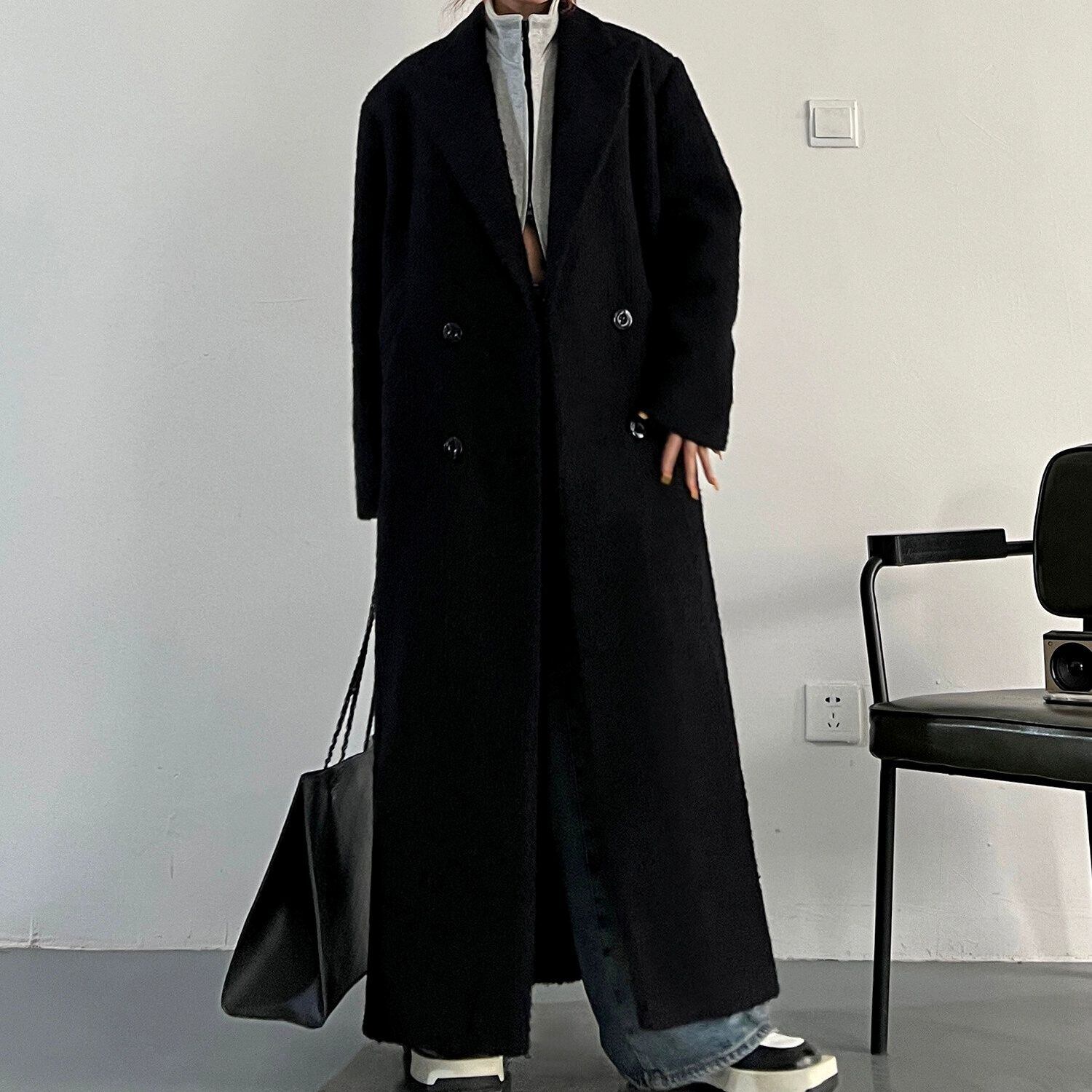 BLACK COLLARED V-NECK DOUBLE BREAST LONG WOOL COAT 1color M-15036