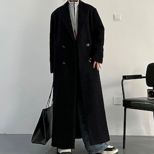 BLACK COLLARED V-NECK DOUBLE BREAST LONG WOOL COAT 1color M-15036