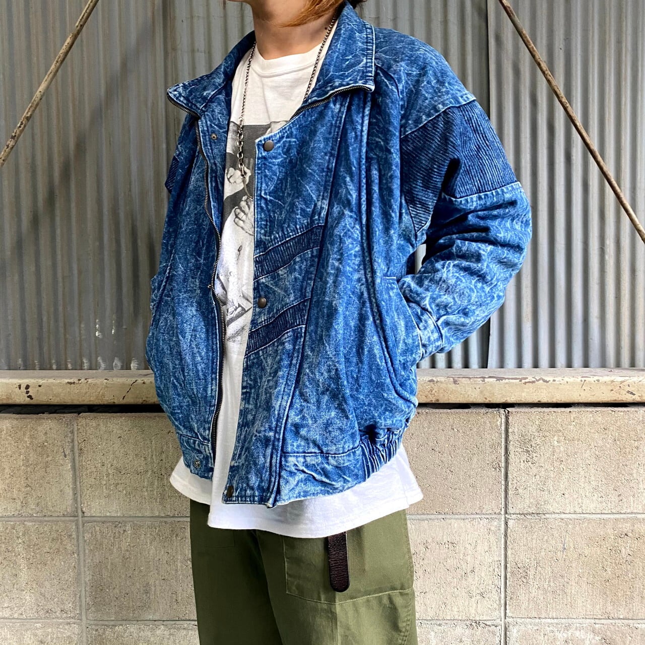変形デザイン デニムジャケット メンズm相当 レディースl相当 古着 デニムブルゾン スタンドカラー チェックネルライナー ケミカルウォッシュ 濃色 デニムジャケット Ws22 50 Cave 古着屋 公式 古着通販サイト
