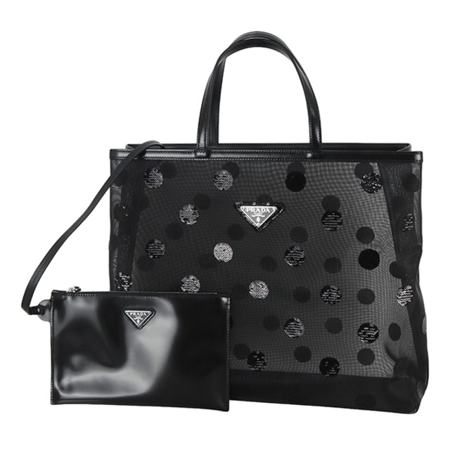 Unused PRADA プラダ トートバッグ メッシュ スパンコール ブラック A4収納可 ポーチ付き 1BG416 未使用品