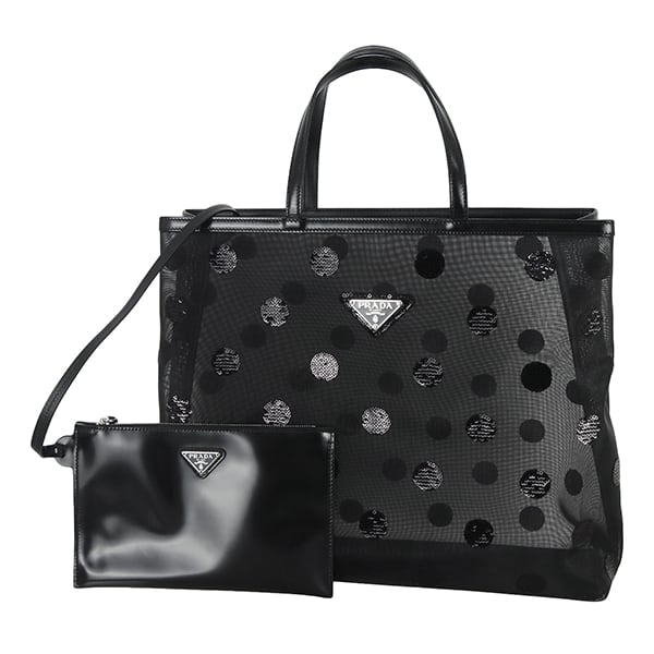 Unused PRADA プラダ トートバッグ メッシュ スパンコール ブラック A4収納可 ポーチ付き 1BG416 未使用品