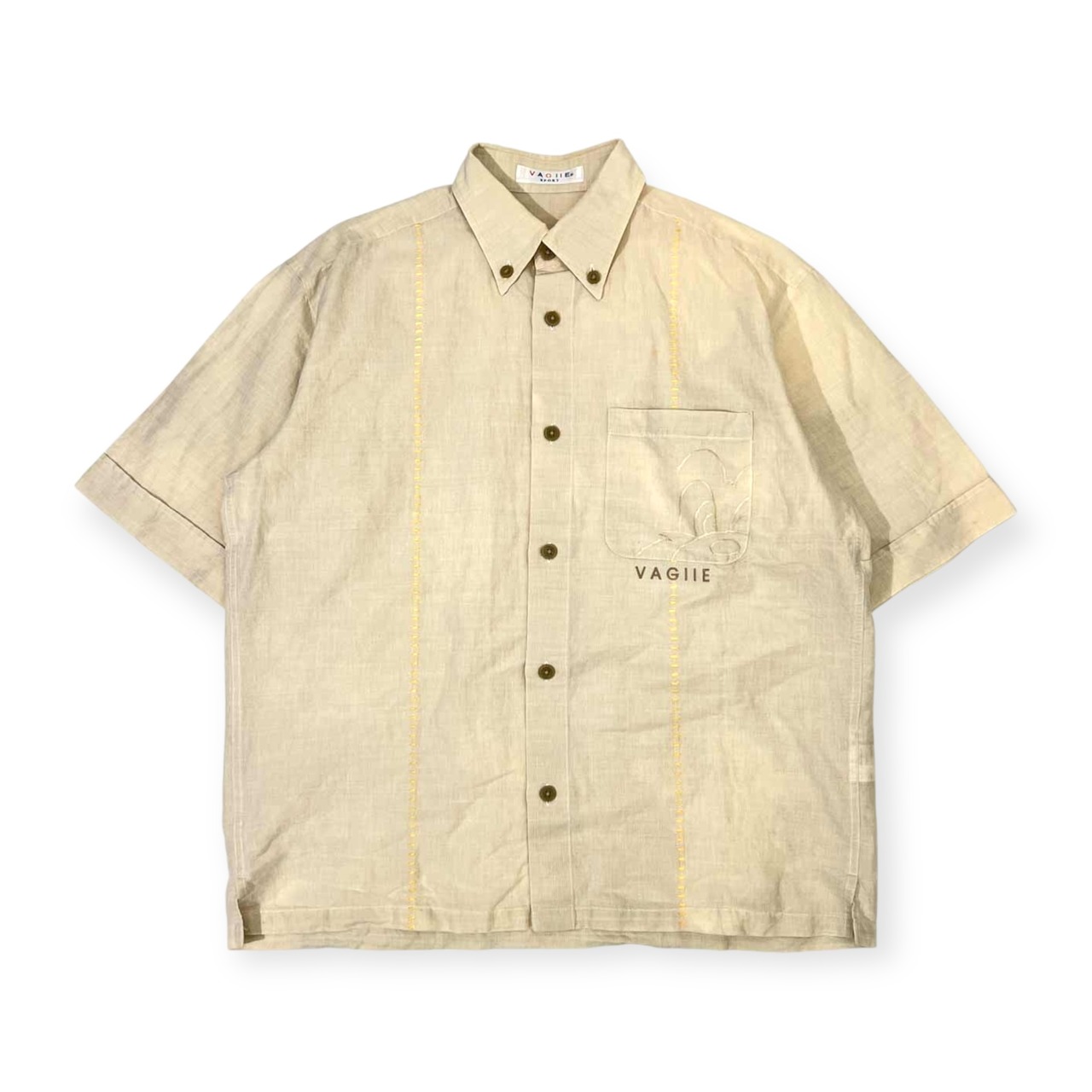 VAGIIE バジエ キャラ刺繍入り コットン&リネン ボタンダウン BD 半袖 シャツ 46 /ベージュ系/日本製