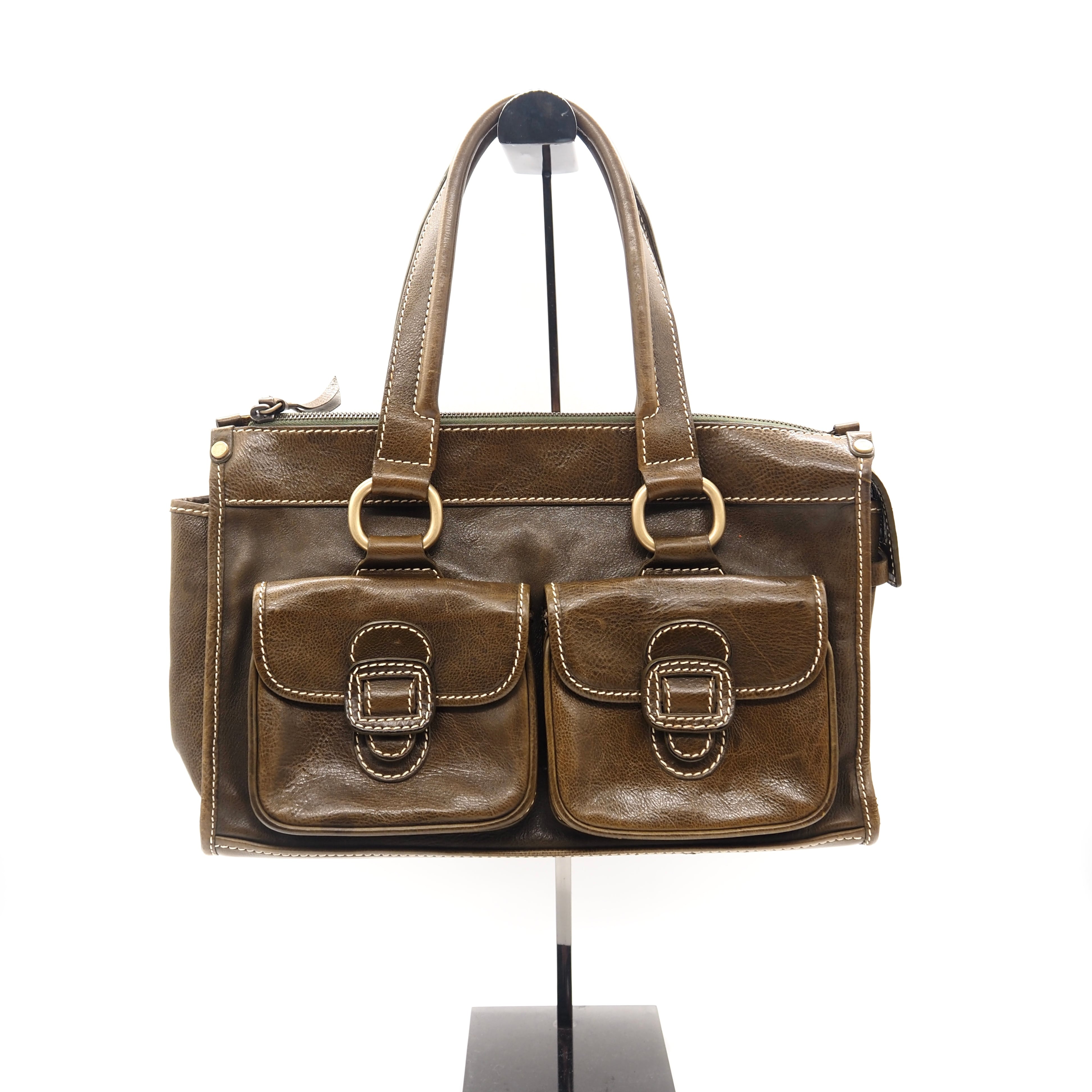 CELINE セリーヌ マカダムダブルポケットリンク ハンドバッグ レザー カーキ