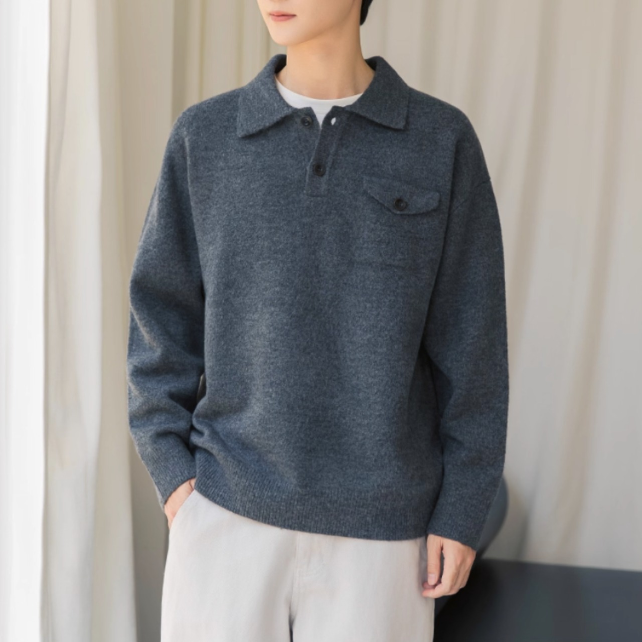 ボタンフロント パッチポケットニット af0019