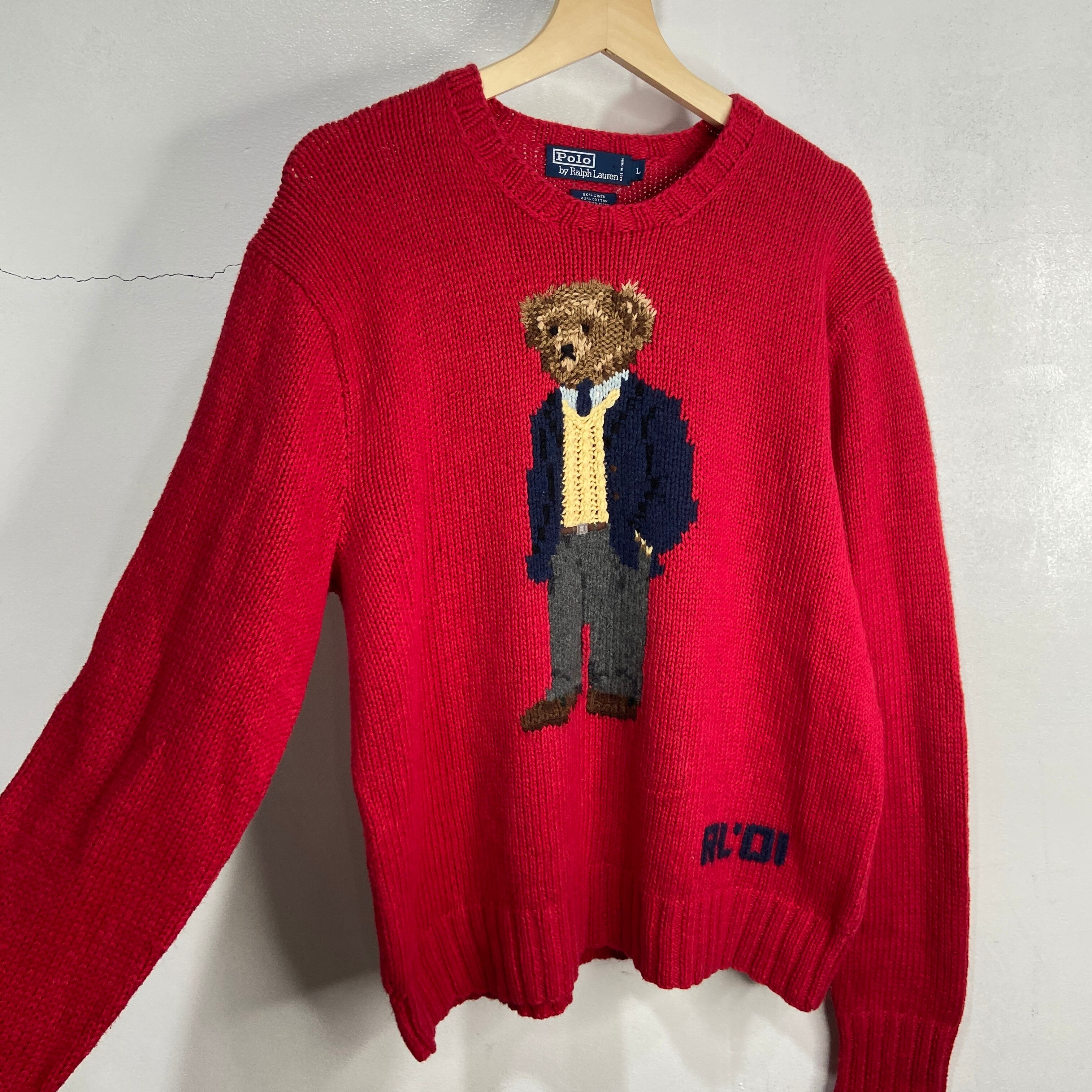 送料無料』Ralph Lauren ポロベア ハンドニットセーター L リネン