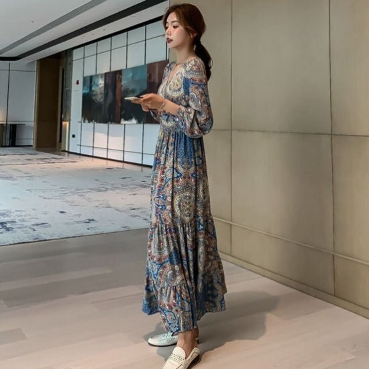 ワンピース ロング 長袖 大きい レディース 春夏 ロングワンピース 