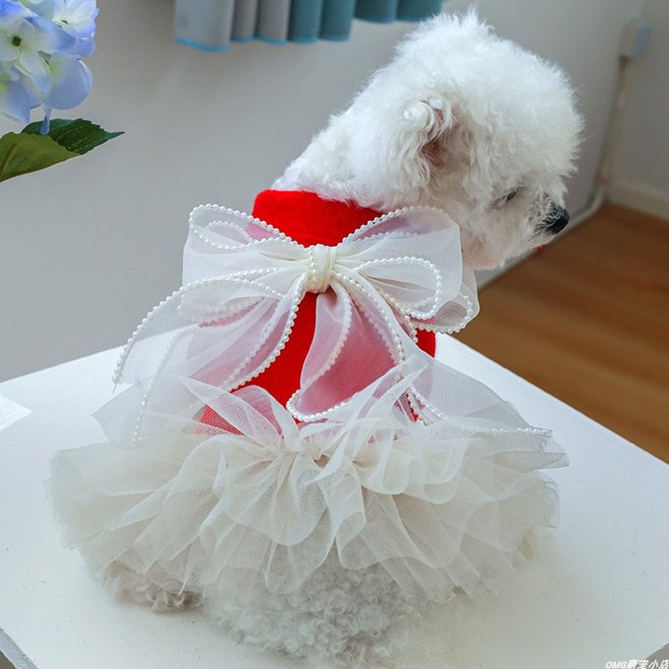 送料無料！犬の服 ウエディングドレス プリンセス ワンピース 大きいリボン お姫様 祝い 記念撮影 ふわふわ ペット用品 かわいい 犬用 猫用