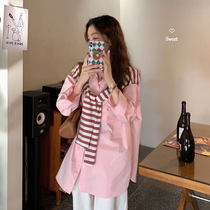 ストライプシャツ オータムスタイルトップス ロング ピンク 秋物 ステッチ 萌量不足72582371524