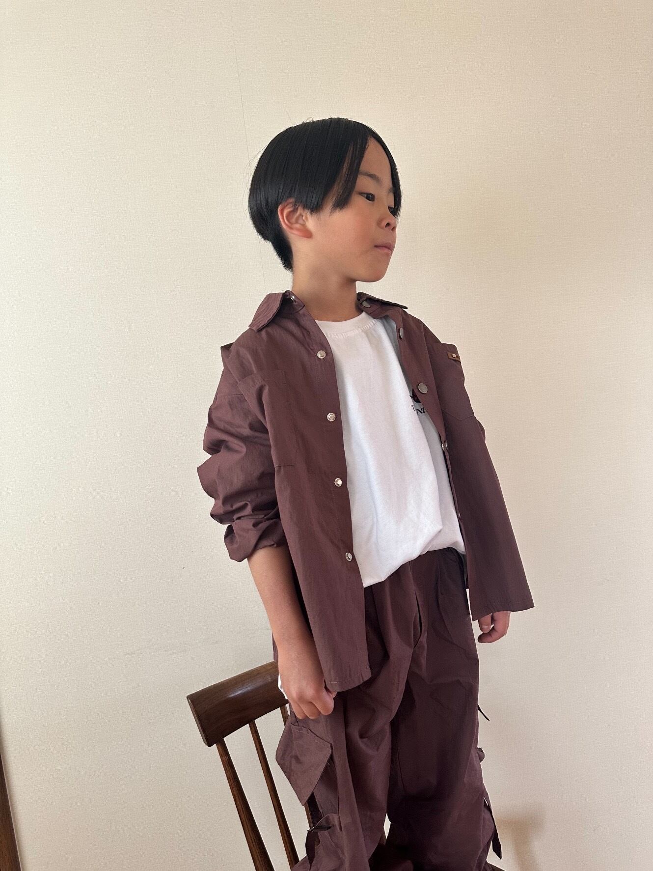 【美品】サイズ3（2Y-3Y）EARTH 半袖 セットアップ ブラウン クールファイバーダブルフラップ半袖シャツ 接触冷感／吸水速乾／UV