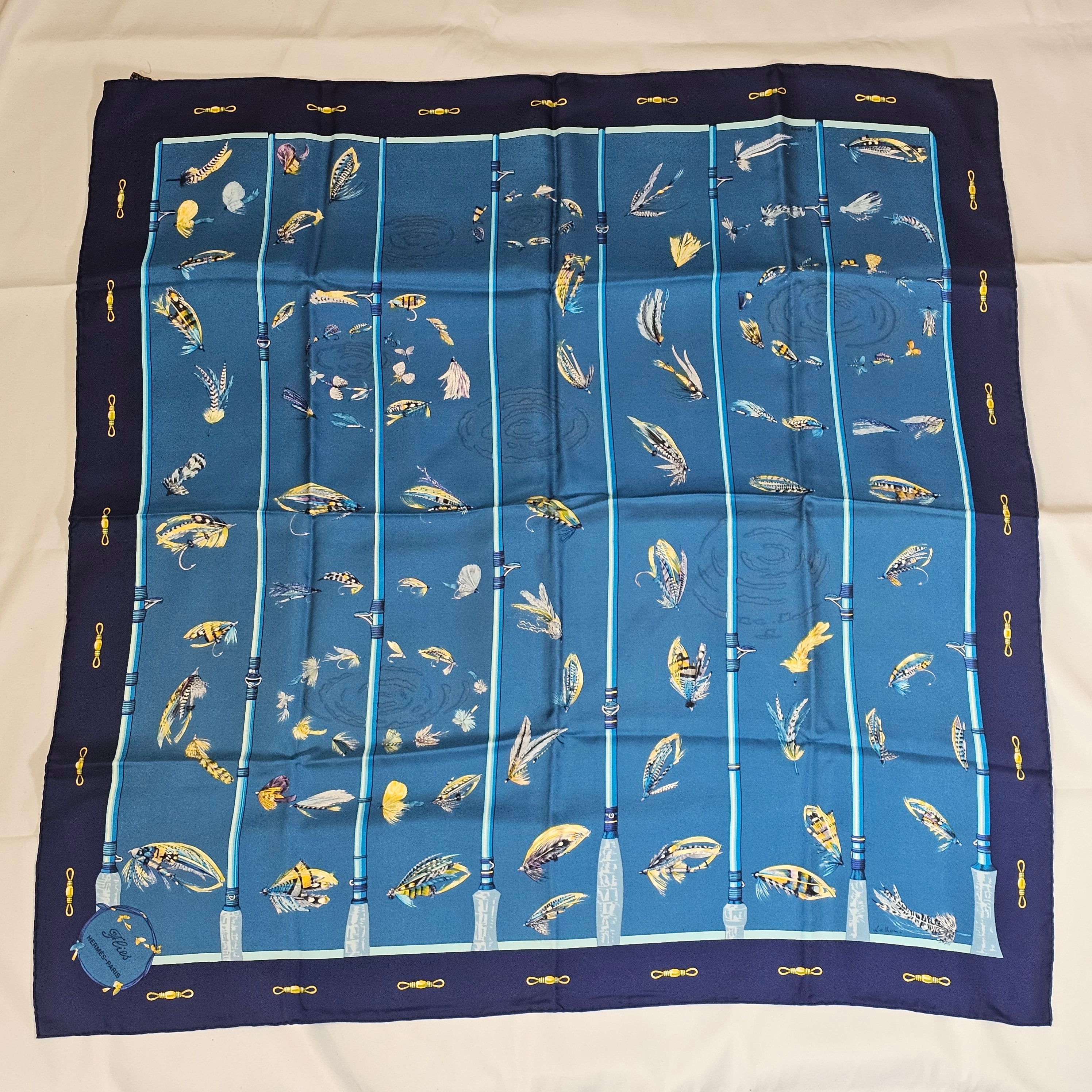 エルメス　HERMES カレ90 フライ エルメス カレ90 Flies フライ 釣り スカーフ 青 | Over Time Vintage