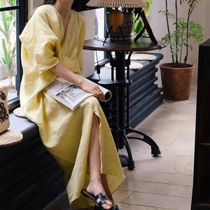 v-neck yellow long dress　103059