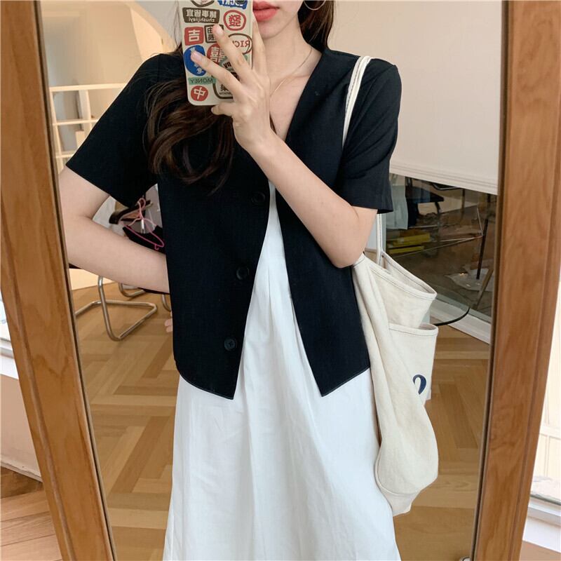 ソリッド カラーボタンVネックサマーカジュアルルーズポケット薄手ジャケット 夏物 ソリッドカラー ビッグFスモールZ韓国48432732777