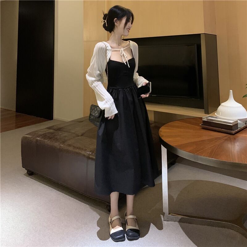 スカート オータムブラック薄手ドレス ブラウス セット 秋物 萌量不足92136256876