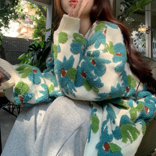 トップス カーディガン セーター ニット ルーズ 韓国系 花柄 個性 グリーン