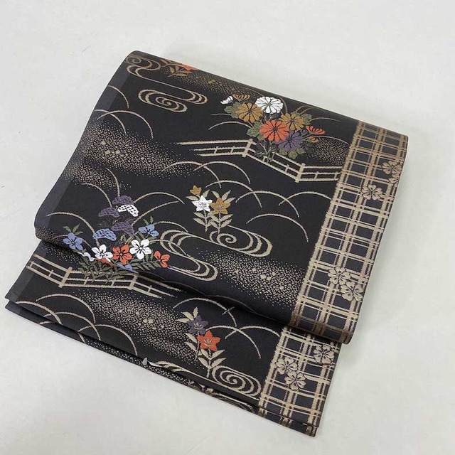 【袋帯】中古 帯 礼装 正絹 結婚式 入学式 卒業式 リサイクル 灰色 黒 焦げ茶 花柄 430cm   G510