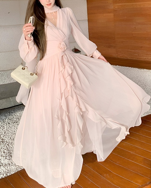 Vネックローズシフォンワンピース　2503099