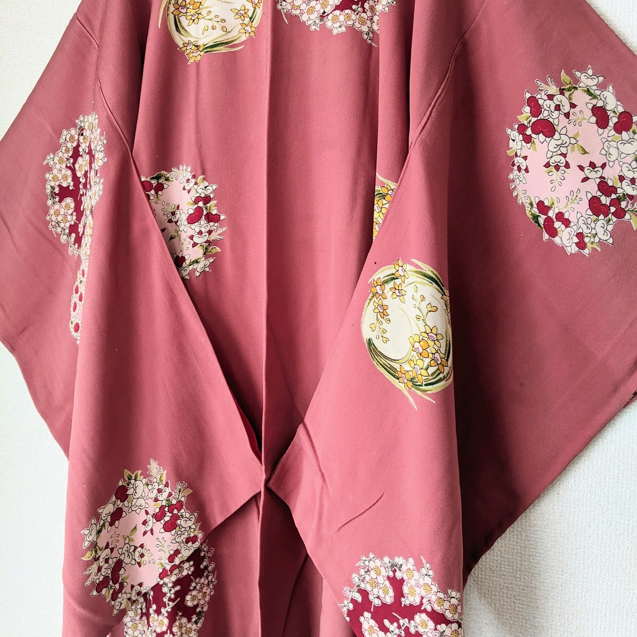 Vintage】HAORI 長羽織 羽織 正絹 縮緬 くすみピンク色 花丸文様 
