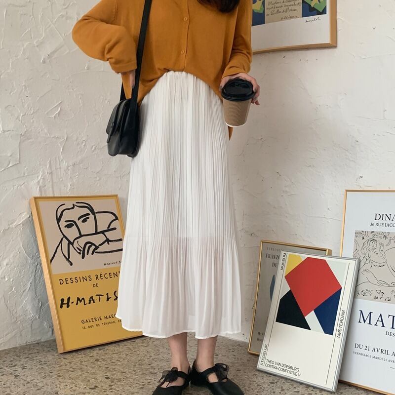 サマーハイウェストウェストスリムプリーツスカート ホワイトスタンダードAライン レトロ 夏物 YY-ファッション37830210650