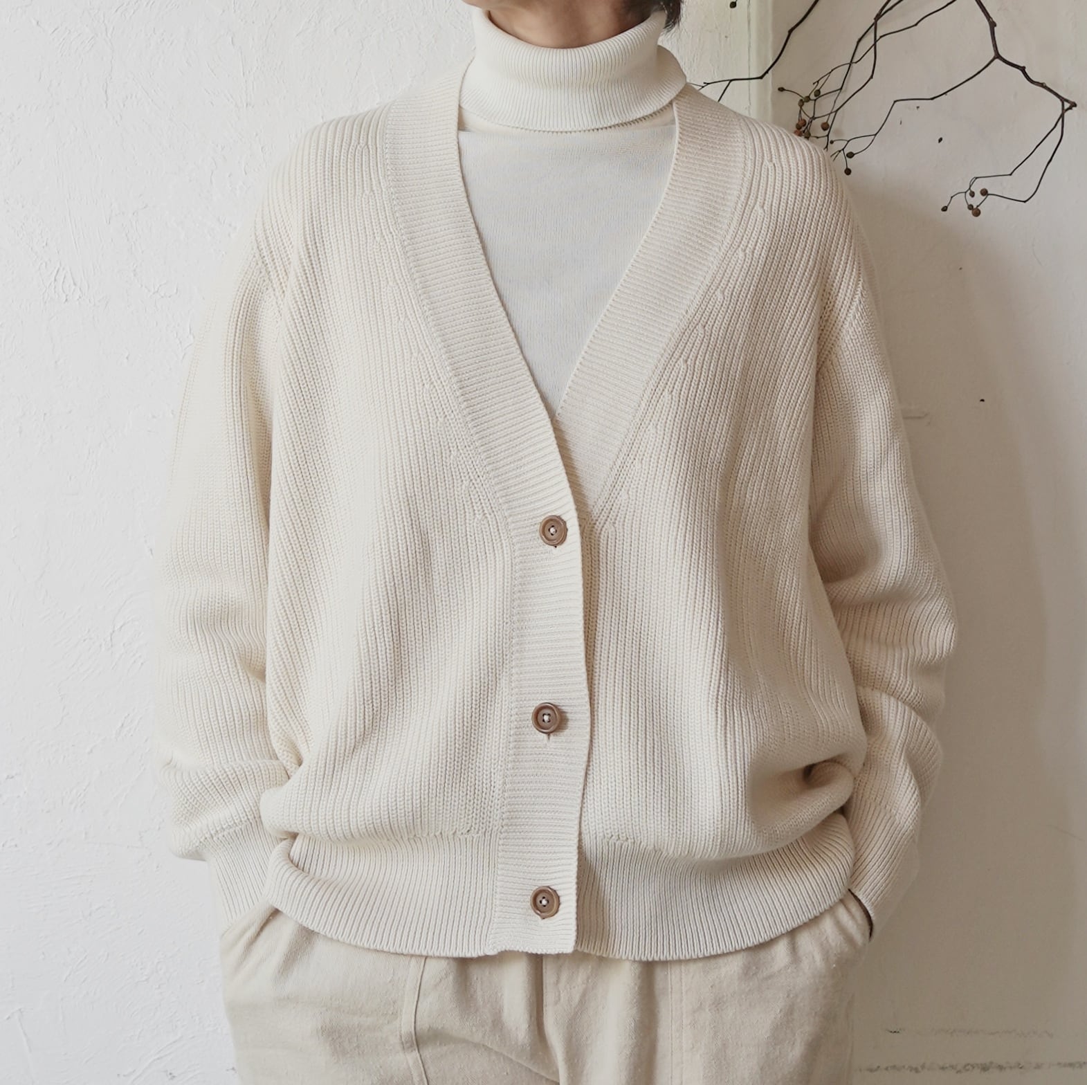 People Tree バードモチーフ長袖カーディガン オーガニックコットンニット 片あぜコクーンカーディガン／People Tree