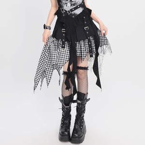 アシメレイヤードチェックパターンブラックパンクスカート(2カラーあり)(lli_6034)