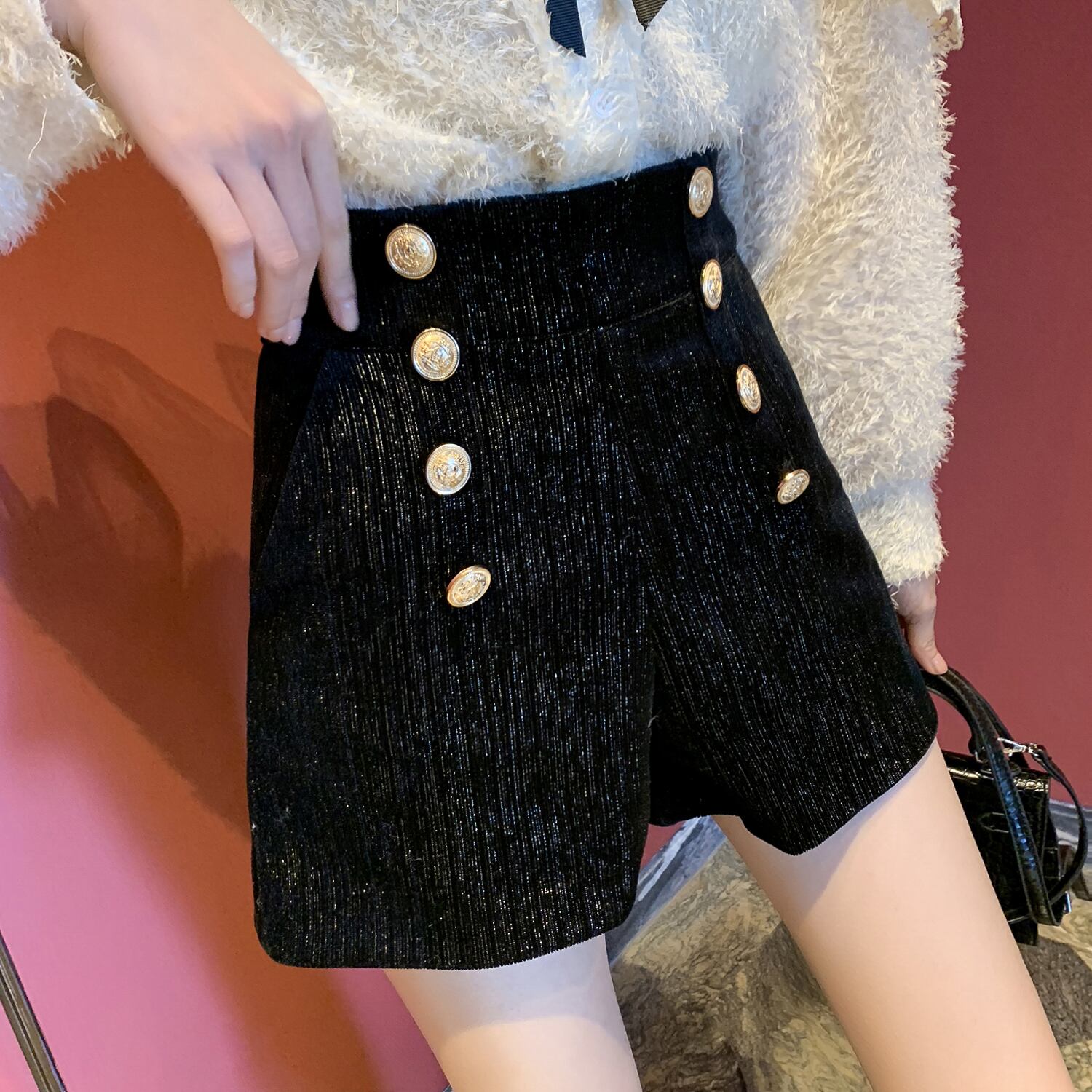 スプリングスタンダードスタイルハイウェストウェスト薄手ゴールドベルベットブラックショーツ レディース レトロ 春物 ブルマー 6Du_Shop_Women21124076759