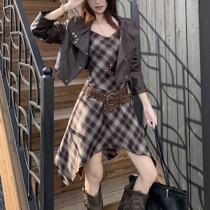 【3点セット】チェック柄キャミワンピ+レザーテイストジャケット+ベスト ・72814 【3点セット】チェック柄キャミワンピ+レザーテイストジャケット+ベスト ・72814