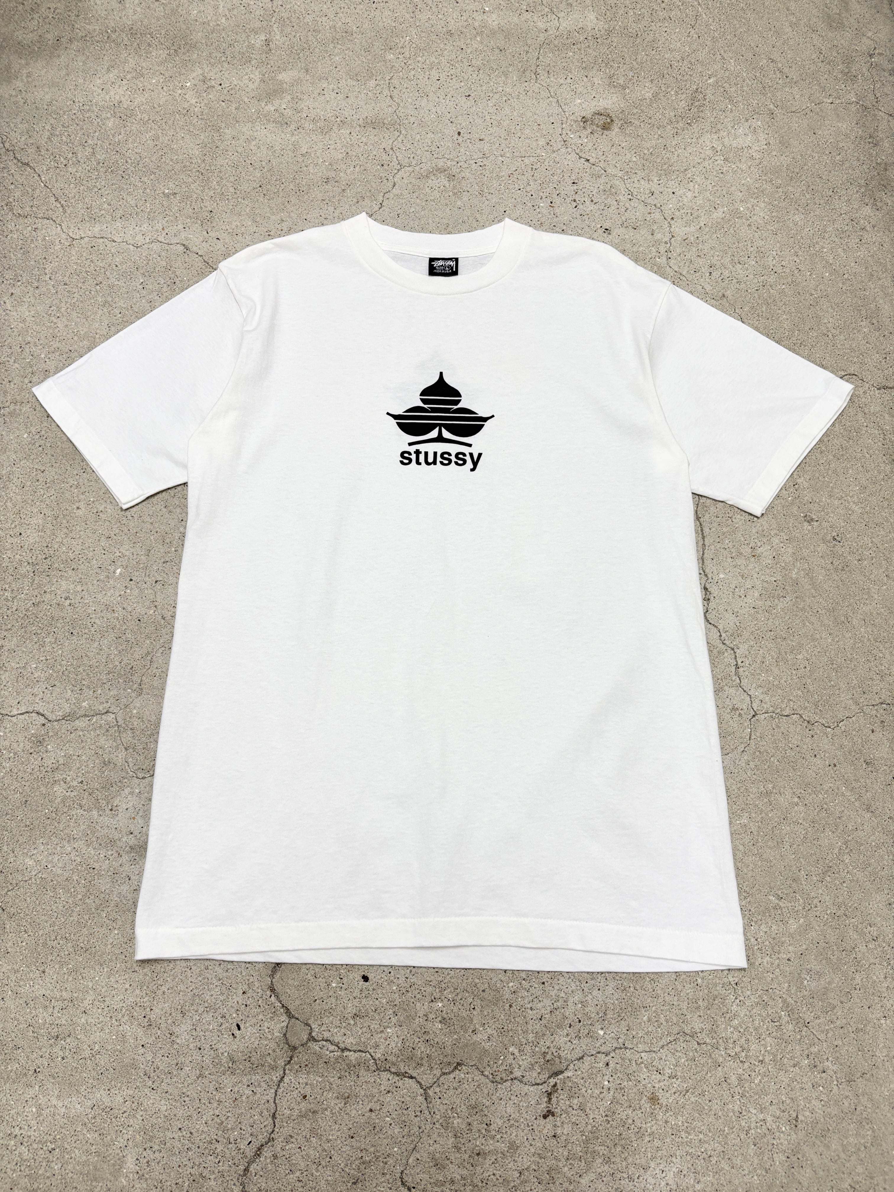 90s OLD STUSSY/Clover Logo print Tee/USA製/黒タグ/L/クロ－バ－ロゴ