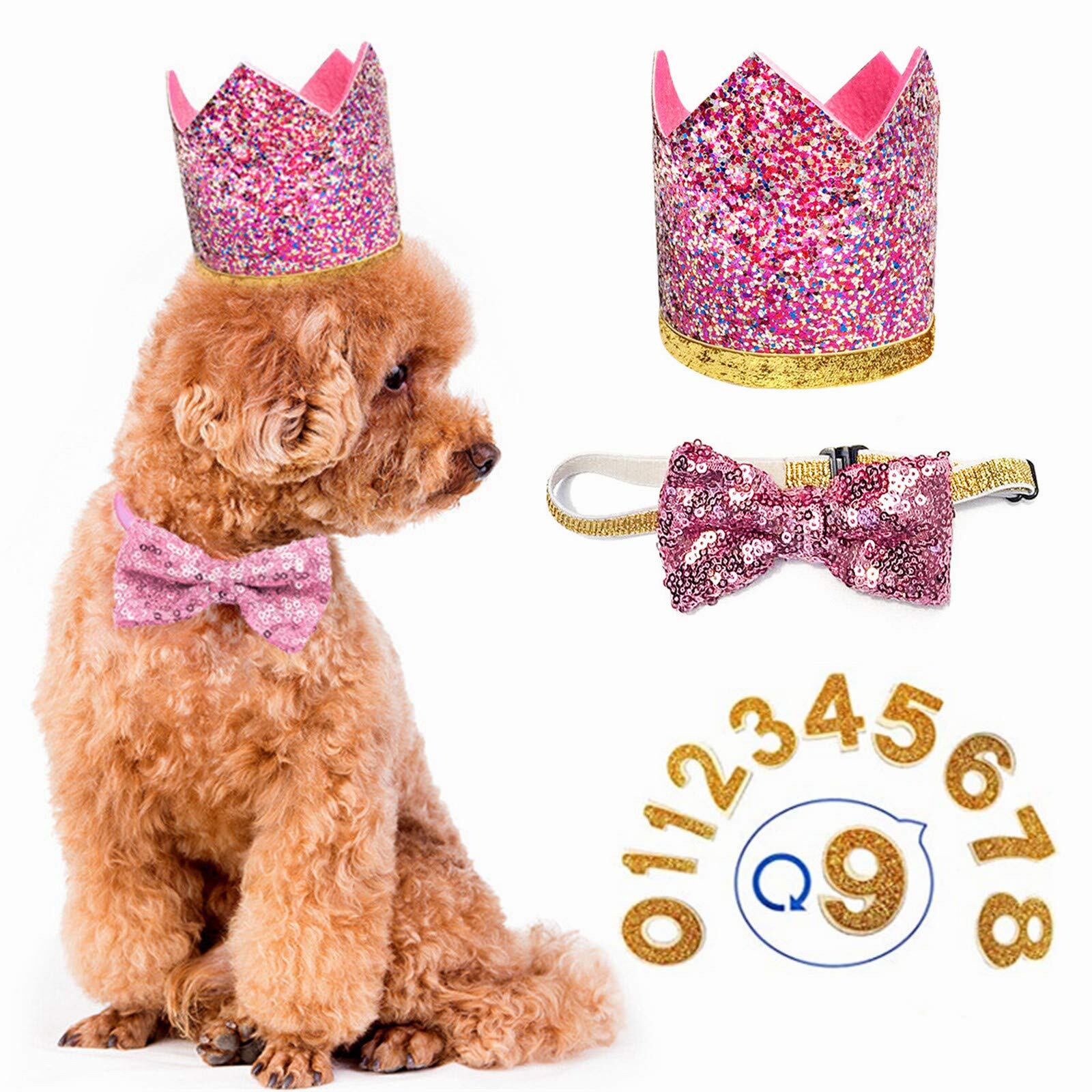 ペット 誕生日帽子 蝶ネクタイ 数字付き クラウン 王冠 犬 猫用 ハット キラキラ おしゃれ 記念日に 誕生日グッズ (ピンク)
