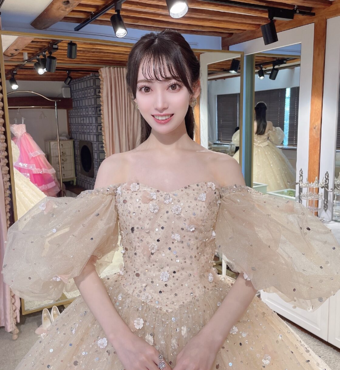カラードレス 薄シャンパンの色 ハンドメイド キラキラのハンドビー  