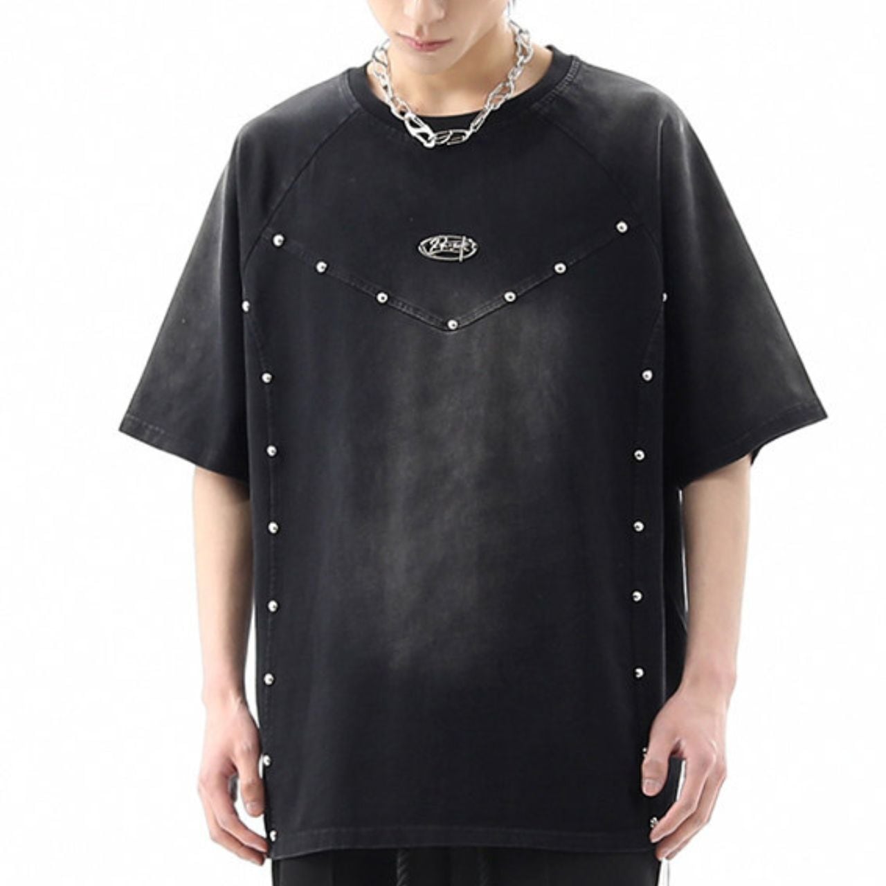 グラフィックプリント チェック柄袖 半袖 Tシャツ 1col   A00022