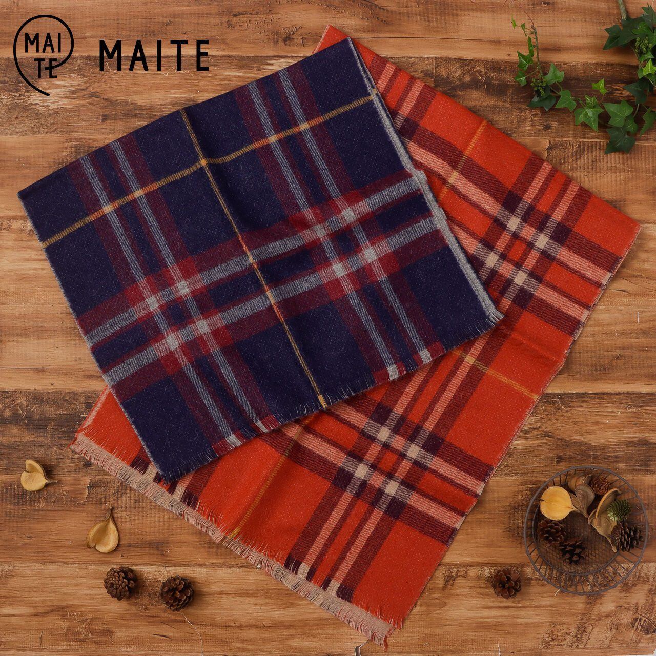 【送料無料】 ネイビー 大判 ショール レディース マフラー 青 赤 チェック ブランド リバーシブル アルパカ 暖かい 首 温める 秋冬 かわいい ギフト プレゼント オレンジ マイテ MAITE SH011 Mt009