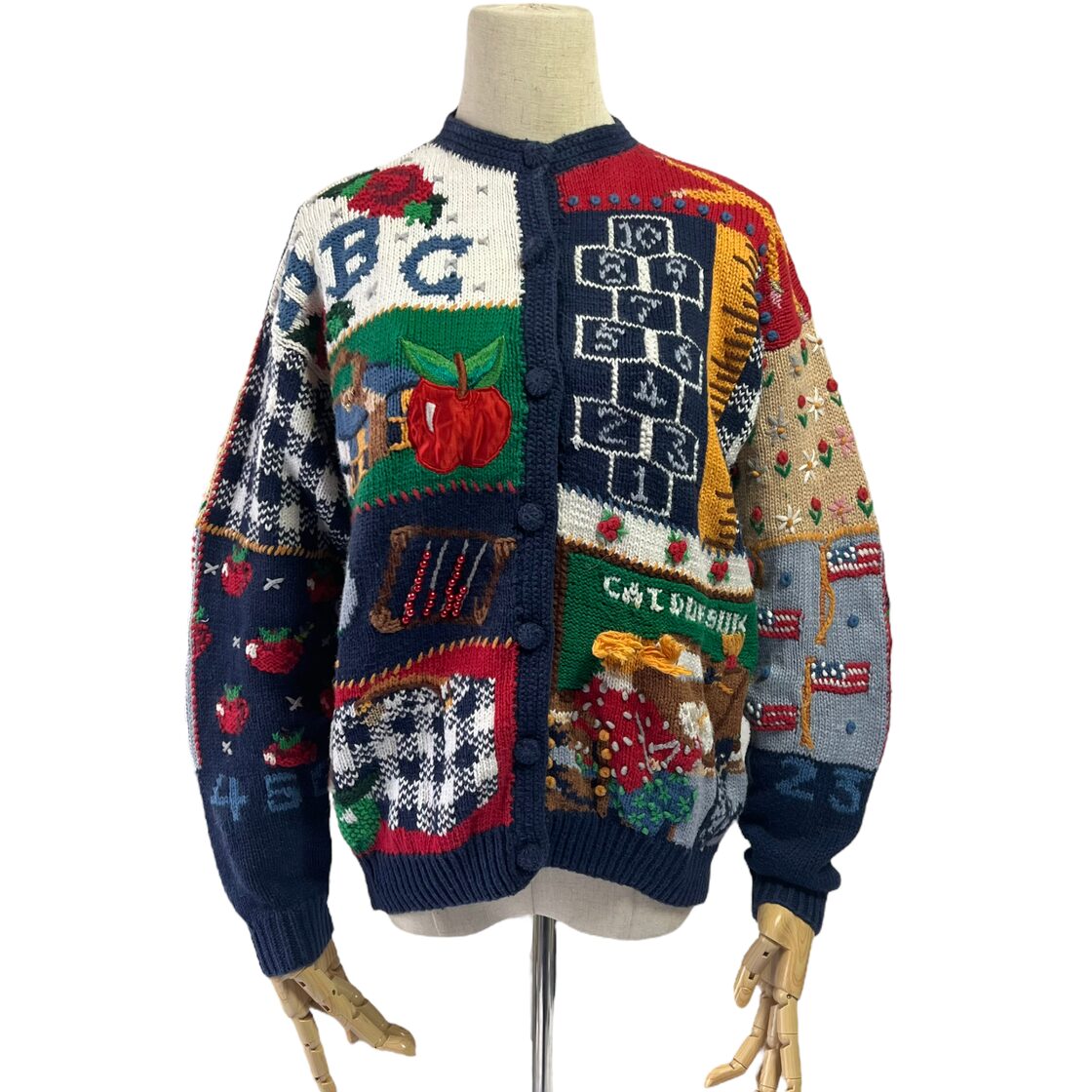 1990s】ビンテージ ハンドメイド ニットカーディガン 刺繍 手編み 古着  